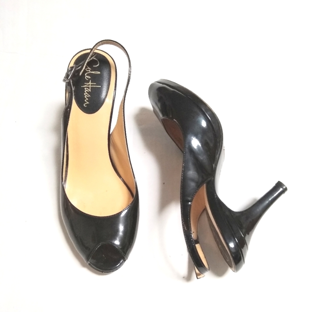 COLE HAAN black patent peep toe slingbacks, 8B